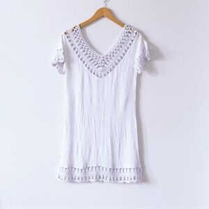 La Vie en Rose White Crochet V-Neck Short Sleeve Cover-Up Beach Resort Dress S